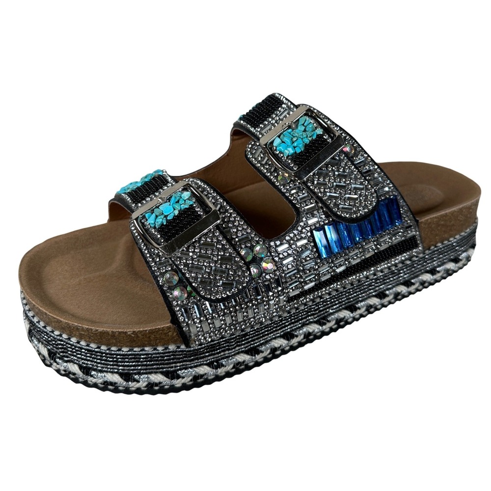 Embellished Rhinestone Beaded Platform Slide Sandals Turquoise Blue Silver
